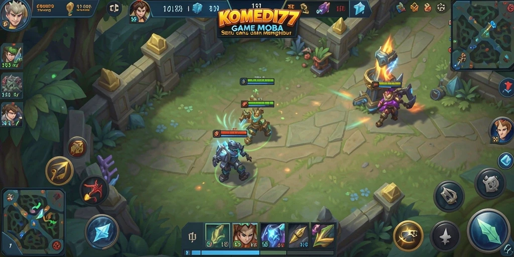 Screenshot dari gameplay seru KOMEDI77 yang menggambarkan aksi MOBA.