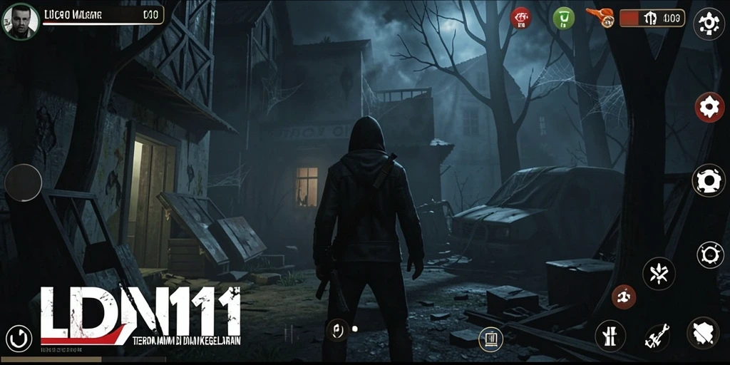 Screenshot gameplay LDN11 yang menunjukkan suasana kegelapan mencekam.