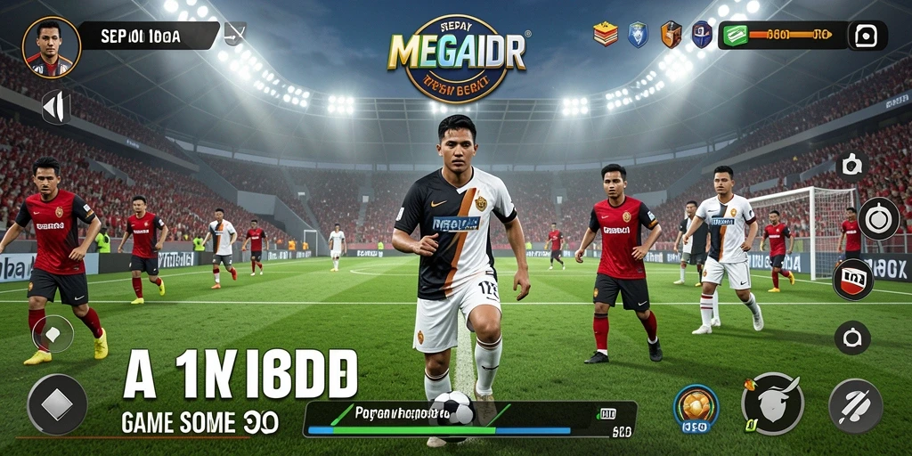Tampilan permainan MEGAIDR dengan grafis sepak bola yang mengesankan.
