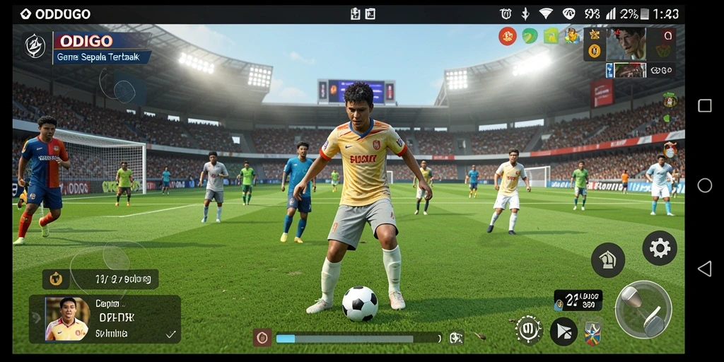 Tangkapan layar gameplay ODDIGO dengan aksi lapangan sepak bola yang dinamis.
